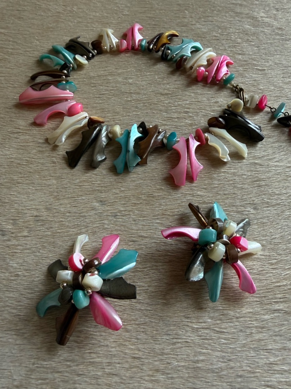Multicolor Floral Bead Necklace and Earrings Set - Pink, Turquoise, Cream